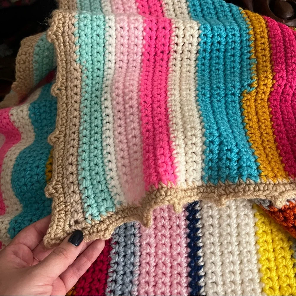 Handmade Crochet Knit Rainbow Stripe Throw Blanket for Bed or Couch Afghan